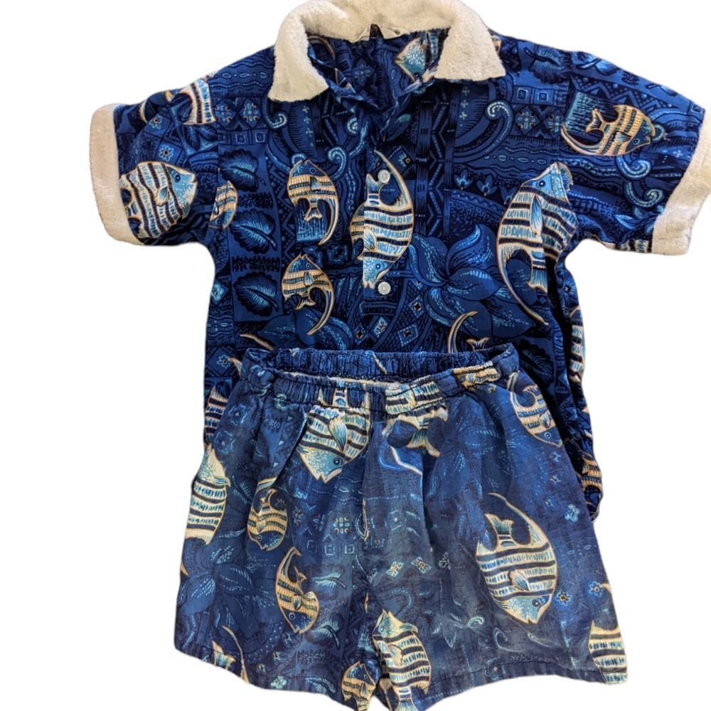 60s 70s Vintage‎ Carnegie boys blue fish print swim set MCM